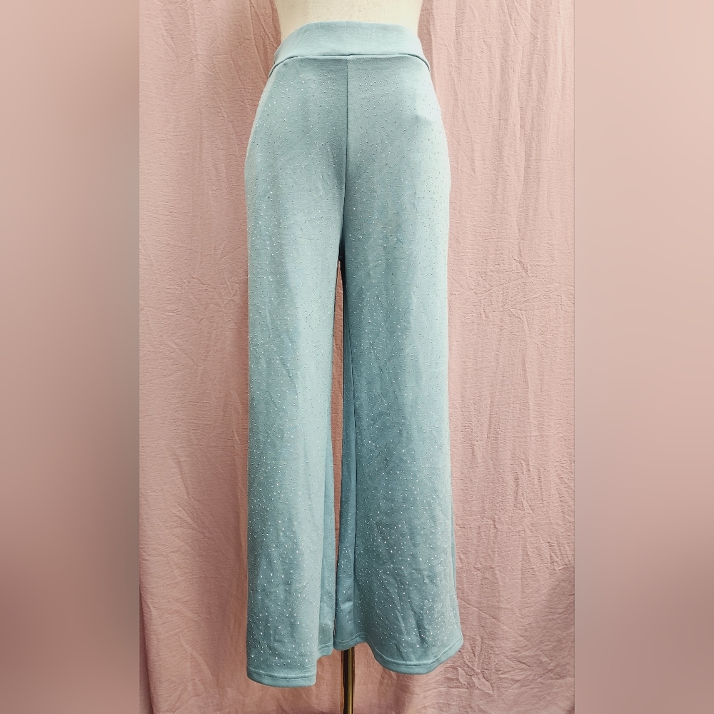 WHY Dress Rhinestone Stud Super Soft Scuba High Rise Wide Leg Lounge Pant- NEW